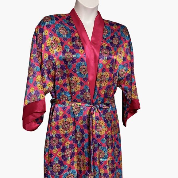 Vintage Delicates Satin Pajama Set Colorful Pink Paisley PJs & Robe Medium 12-14 - Picture 5 of 16